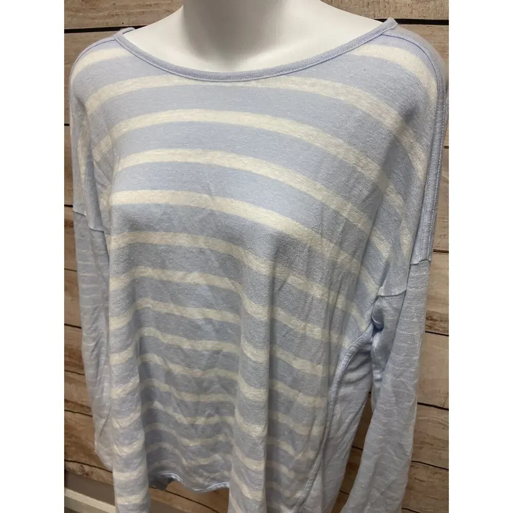Athleta Womens Linen Shirt Size Large Blue Striped Blouse Casual Top Long Sleeve - Picture 8 of 13